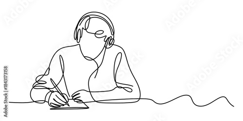 Continuous line drawing of a person studying and listening to music with headphones Vector, illustration