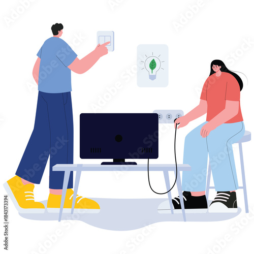Environment Illustration. Vector illustration of Couple turning off lights and unplugging devices to save electricity and support eco friendly living. Isolated on background