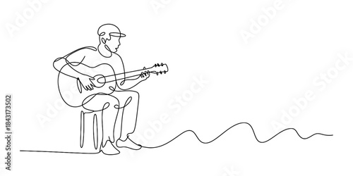 Continuous line drawing of a musician playing acoustic guitar while seated Vector, illustration