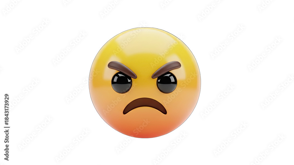 Fototapeta premium Furious Yellow Emoji Face Expressing Intense Anger and Frustration with Dark Eyebrows and Curved Mouth on Transparent Background