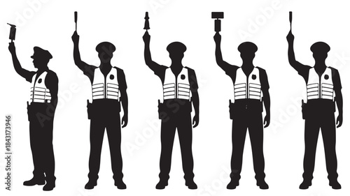 Traffic Controller Silhouettes Directing Traffic with Different Signals Isolated on White