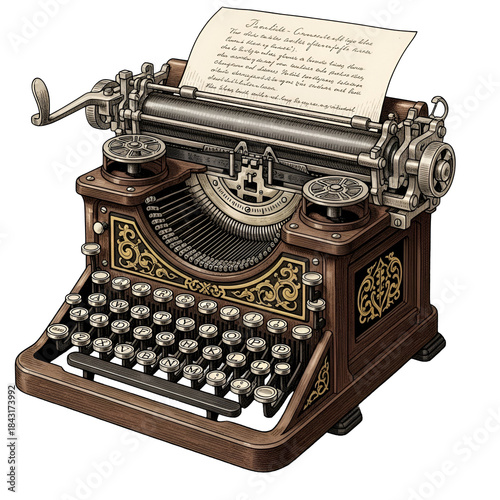 Antique Typewriter with Paper Detailed Brown and Gold Ornamentation