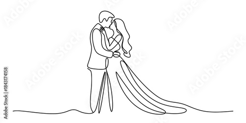Continuous line drawing of a romantic couple embracing and sharing a kiss on their special day Vector, illustration