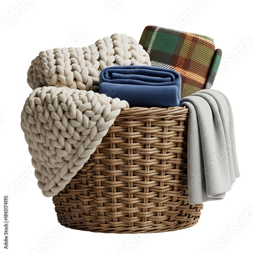 Woven Basket with Chunky Knitted Cream Blanket, Blue Folded Throw and Plaid Scarf