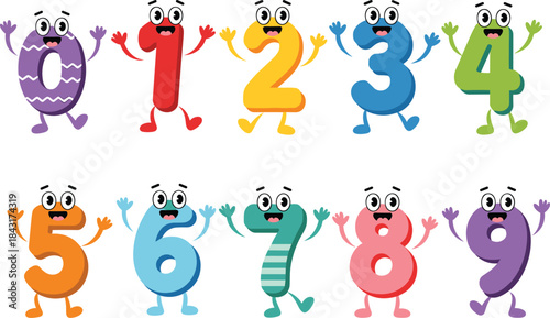 Colorful cartoon numbers characters set, playful smiling digits zero to nine, educational kids illustration, fun math design, isolated on white
