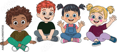 Cute diverse cartoon children sitting together, happy multicultural kids illustration, cheerful boys and girls waving, playful childhood group scene