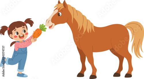 Cute girl feeding a horse with a carrot, happy child and friendly animal interaction, farm animal care, adorable cartoon illustration