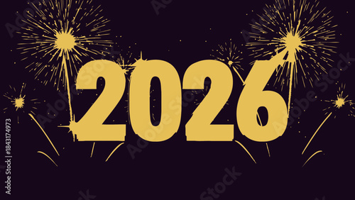 Golden fireworks celebrating the year 2026 on a dark background with sparks