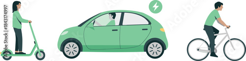 Eco-friendly transportation illustration showing electric scooter rider, electric car driver, and cyclist promoting green mobility, sustainable travel, and clean energy