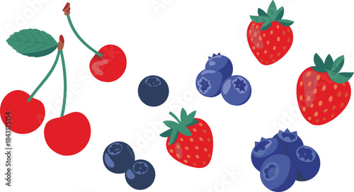 Fresh berries illustration featuring cherries, strawberries, and blueberries in flat cartoon style, healthy fruit design for food graphics and packaging
