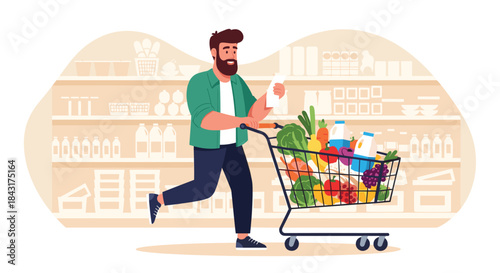 Happy bearded man pushing a shopping cart full of fresh groceries while checking his list in a supermarket aisle vector illustration.