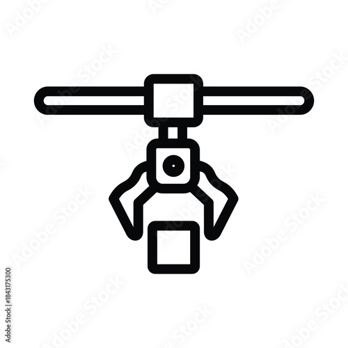 Minimalist robotic gripper icon with a mechanical claw hanging from a horizontal rail, representing industrial automation, robotic handling, smart manufacturing, and factory technology