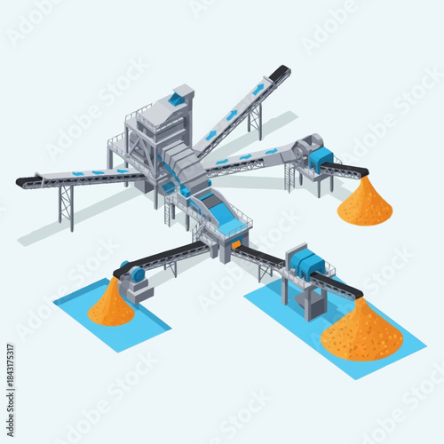 Isometric Industrial Crushing and Screening Plant for Aggregate Production.