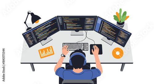 Top-down view of a male programmer or gamer working on a triple monitor computer setup with code on the screens at his modern desk.