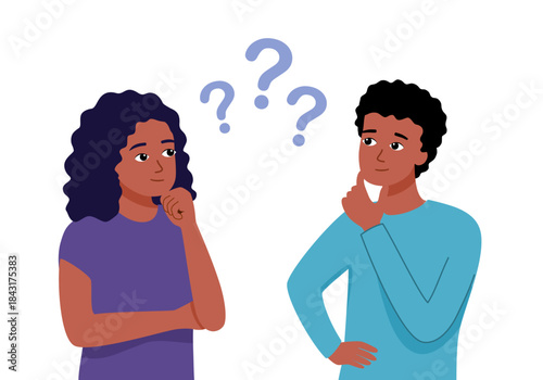 Confused people with question mark. Thoughtful characters expression. Girl thinking. Guy doubts. Searching decision.