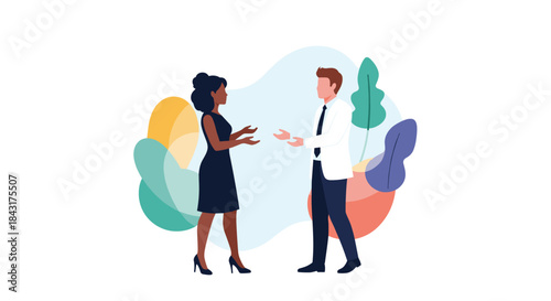 Diverse business colleagues, a man and a woman in professional attire, engaged in a conversation or discussion in a modern office.