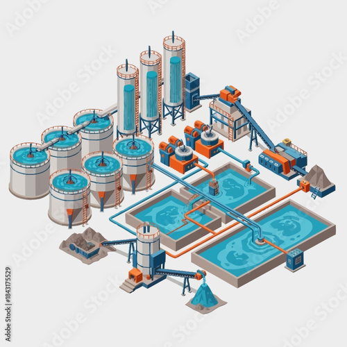 Industrial Water Treatment Plant with Tanks and Pipelines.