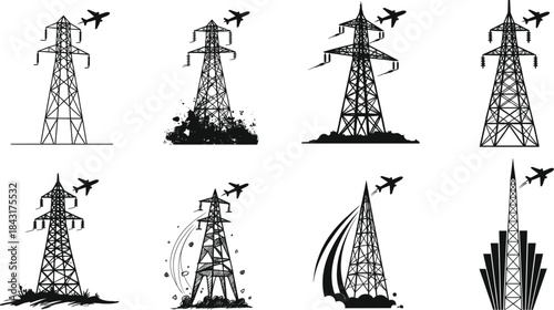 Stylized transmission towers with airplane silhouettes, abstract electric pylons, creative vector illustration, aviation theme, infrastructure art, modern design