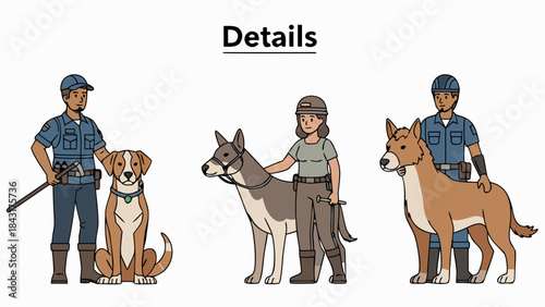 Vector character illustration of animal control officers standing with dogs. Suitable for animal protection services, wildlife management, veterinary concepts, and public safety campaigns.