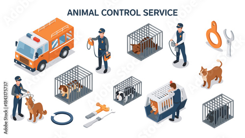 Isometric vector illustration set of animal control services including officers, rescue vehicles, animal cages, pet handling equipment, and captured animals.