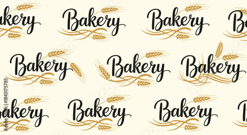 Seamless pattern background with elegant calligraphy of the word 'Bakery' decorated with golden wheat ears for a bake shop theme.