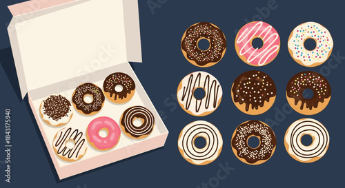 Box of delicious assorted donuts with various toppings and a separate collection of twelve different colorful donut designs on the side.