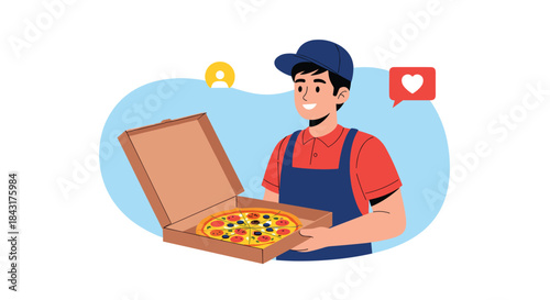 Friendly pizza delivery man in uniform presenting a fresh pizza, with social media icons representing positive online customer feedback.