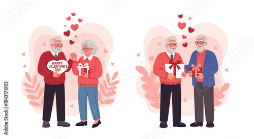 Set of senior people celebrating Valentine's Day, including a romantic elderly couple and two older male friends exchanging gifts.