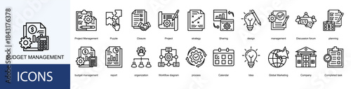 budget management icon collection set. Containing Project Management, Puzzle, Closure, Project, strategy, Sharing, design, management icon