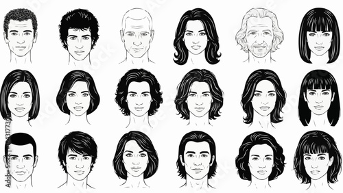Collection of Diverse Human Face Illustrations for Various Designs.