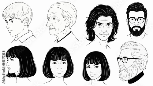 Collection of diverse human portraits in black and white sketch style.