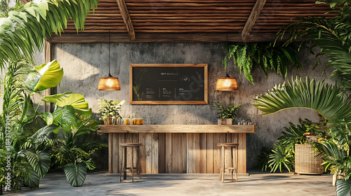 Tropical bar interior with lush greenery and wooden counter, creating a vibrant and inviting atmosphere for relaxation and socializing