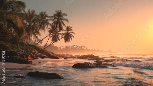 Beach sunset with palm trees and rocky shoreline at the ocean
