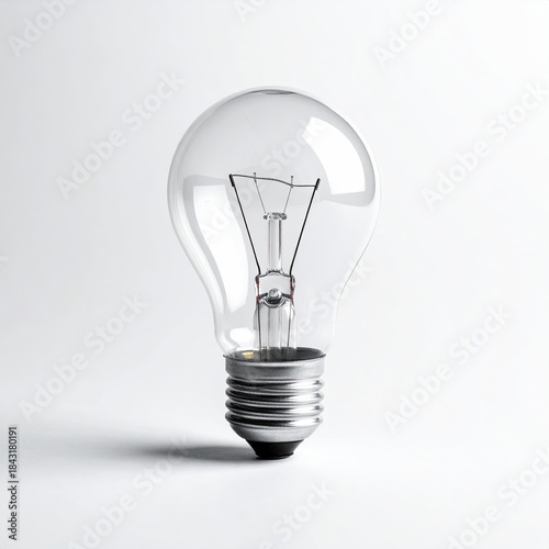 Clear light bulb with filament, resting on white surface