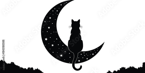 Black cat silhouette sitting on a crescent moon with stars cat, silhouette, moon, crescent, stars, night, sky, celestial, animal, pet, feline, dark, black, white background, isolated, illustration, gr