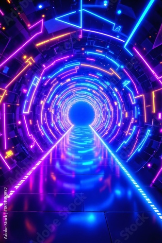 Glowing neon light tunnel with futuristic digital circuit patterns receding into the blue distance