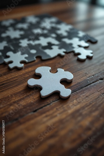 One single light gray puzzle piece resting on a dark wooden table surface with others