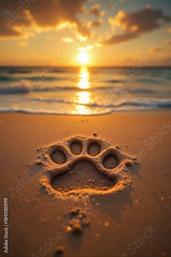 Large animal paw print pressed into wet sand during a vibrant ocean sunset