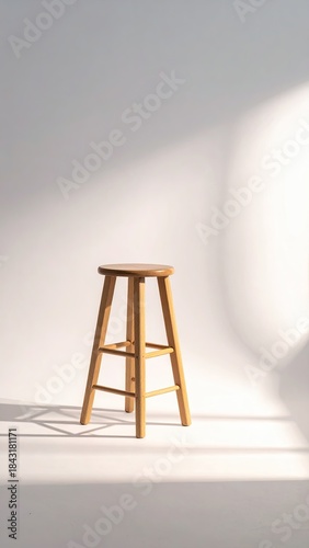 Wooden stool, sunlit minimalist room