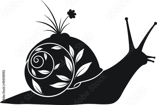 Black silhouette of a snail with a decorative shell and a flower on white snail, shell, decorative, flower, plant, leaves, vines, swirl, spiral, silhouette, black, white, graphic, illustration, icon, 