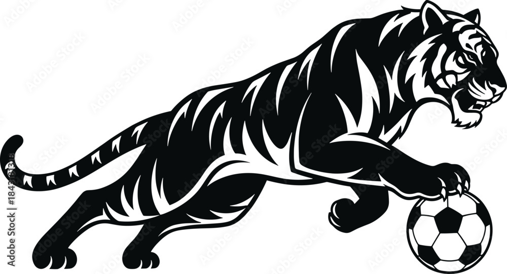 Obraz premium Black tiger leaping with a soccer ball on white background tiger, animal, soccer, football, ball, sport, leaping, jumping, action, dynamic, black and white, silhouette, vector, art, design, illustrati