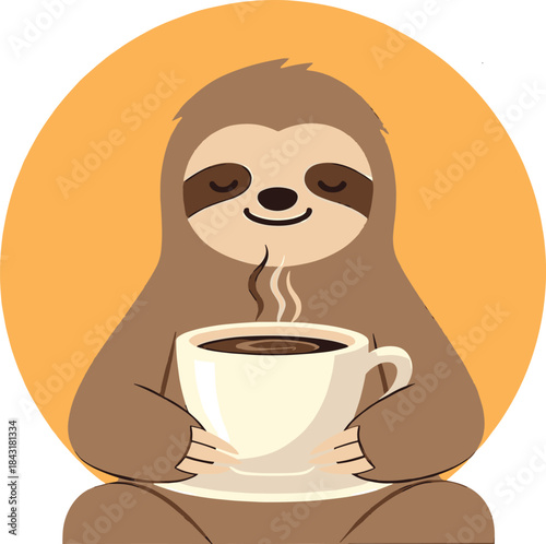 Cartoon Sloth Holding a Cup of Coffee with Steam sloth, coffee, cup, hot drink, steam, cartoon adorable, art, cup, orange, brown, happy, graphic, smiling, moment, isolated, eyes, design, beverage, clo