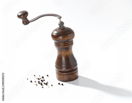 Wooden grinder w/ handle, pepper, and shadow on white ground