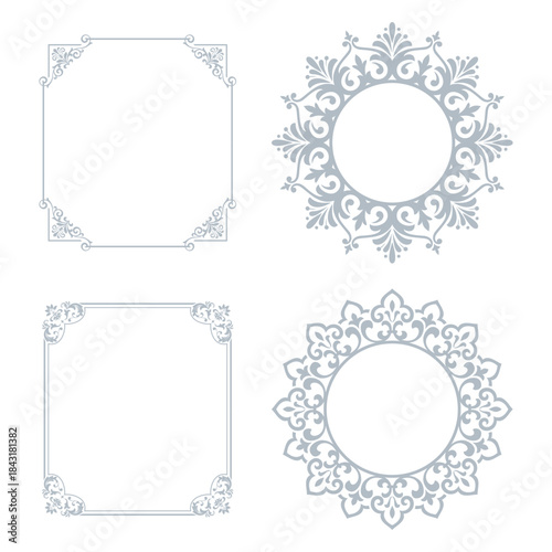 Set of decorative frames Elegant vector element for design in Eastern style, place for text. Floral gray and white borders. Lace illustration for invitations and greeting cards