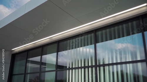 A modern architectural structure stands under a cloudy sky with sleek lines and large windows visible.
