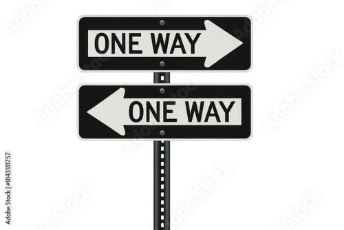 Two one way street signs pointing in opposite directions, depicting choice, confusion, and decision making on transparent background