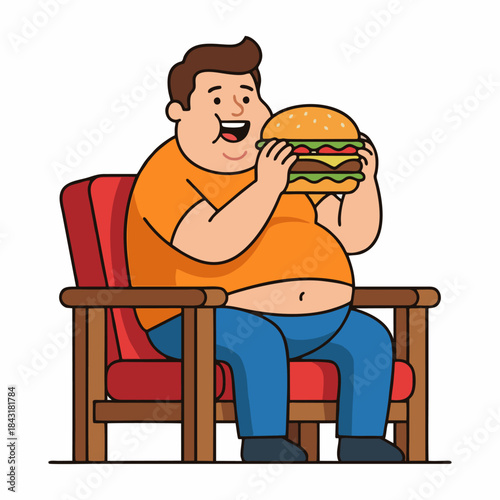 Obese Man Eating Giant Hamburger Sitting on Chair Cartoon Character Vector Illustration.