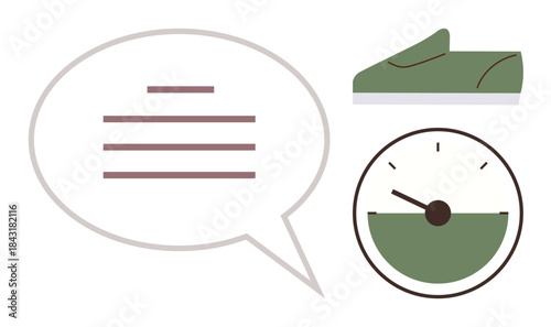 Speech bubble with text lines, green running shoe, and stopwatch with half-full timer indicator. Ideal for fitness, motivation, productivity, speed, communication, progress or time management