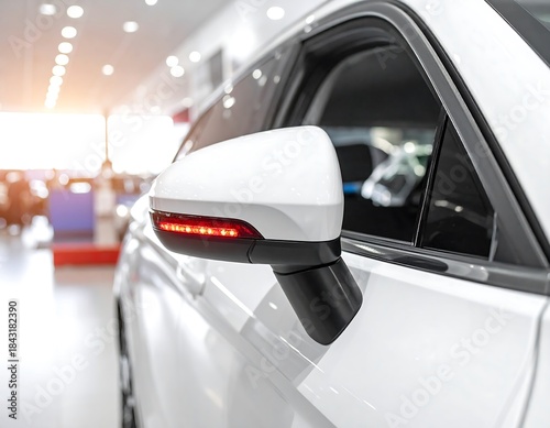 Close-up of a white vehicle's side mirror with lit LED lights in bright showroom