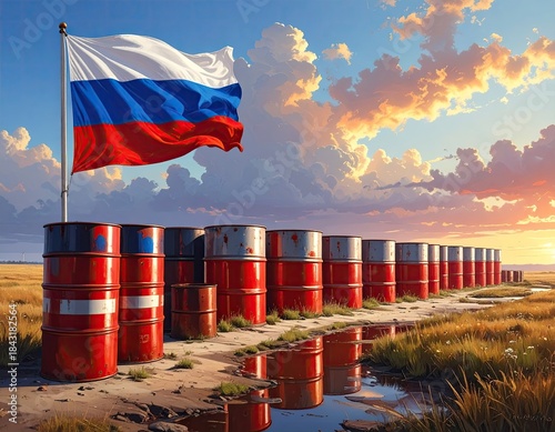 Russian flag waves over stacked barrels in open field